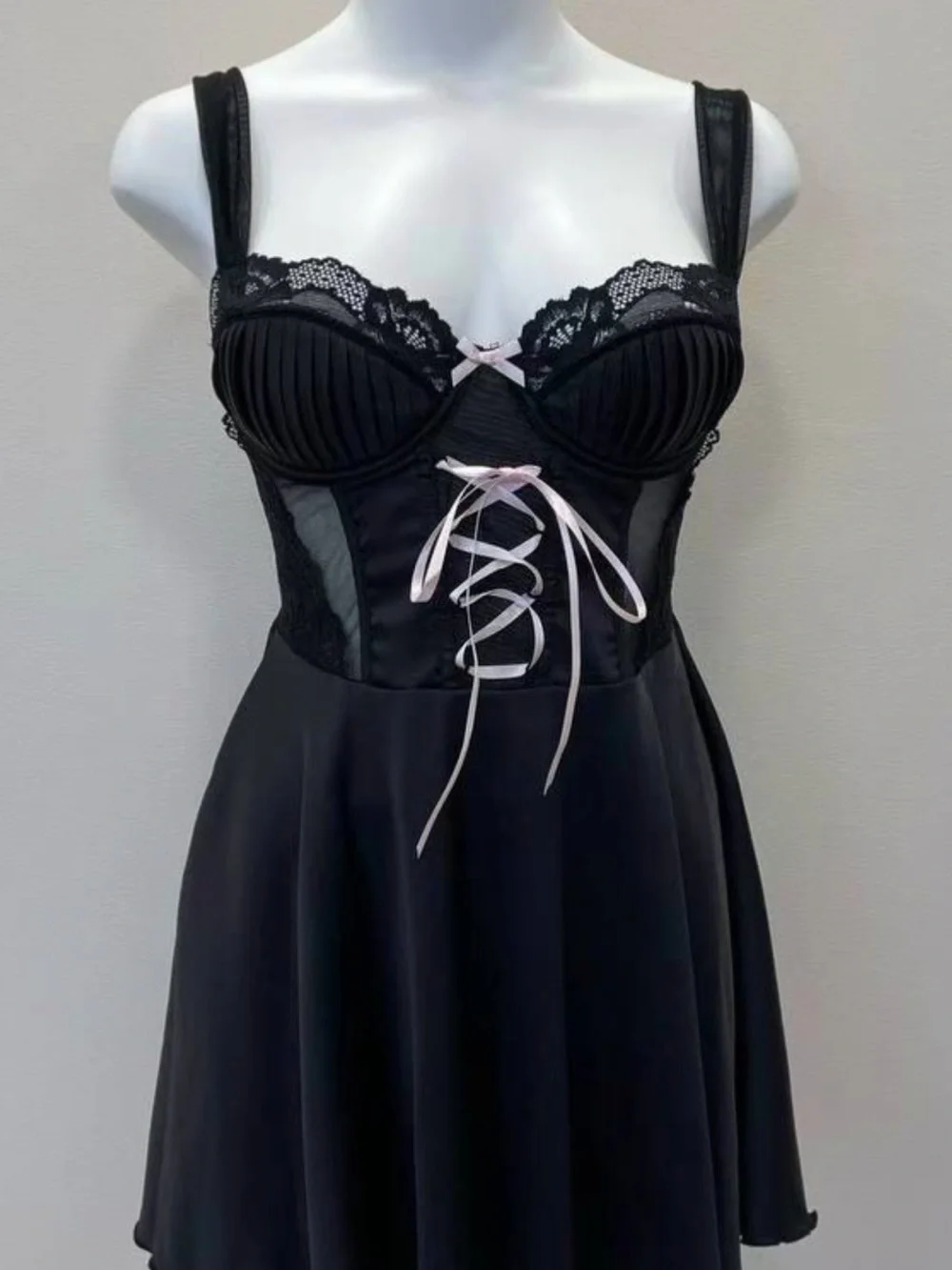 Black Lace-Trim Chemise with Pink Ribbon Lace-Up Front
